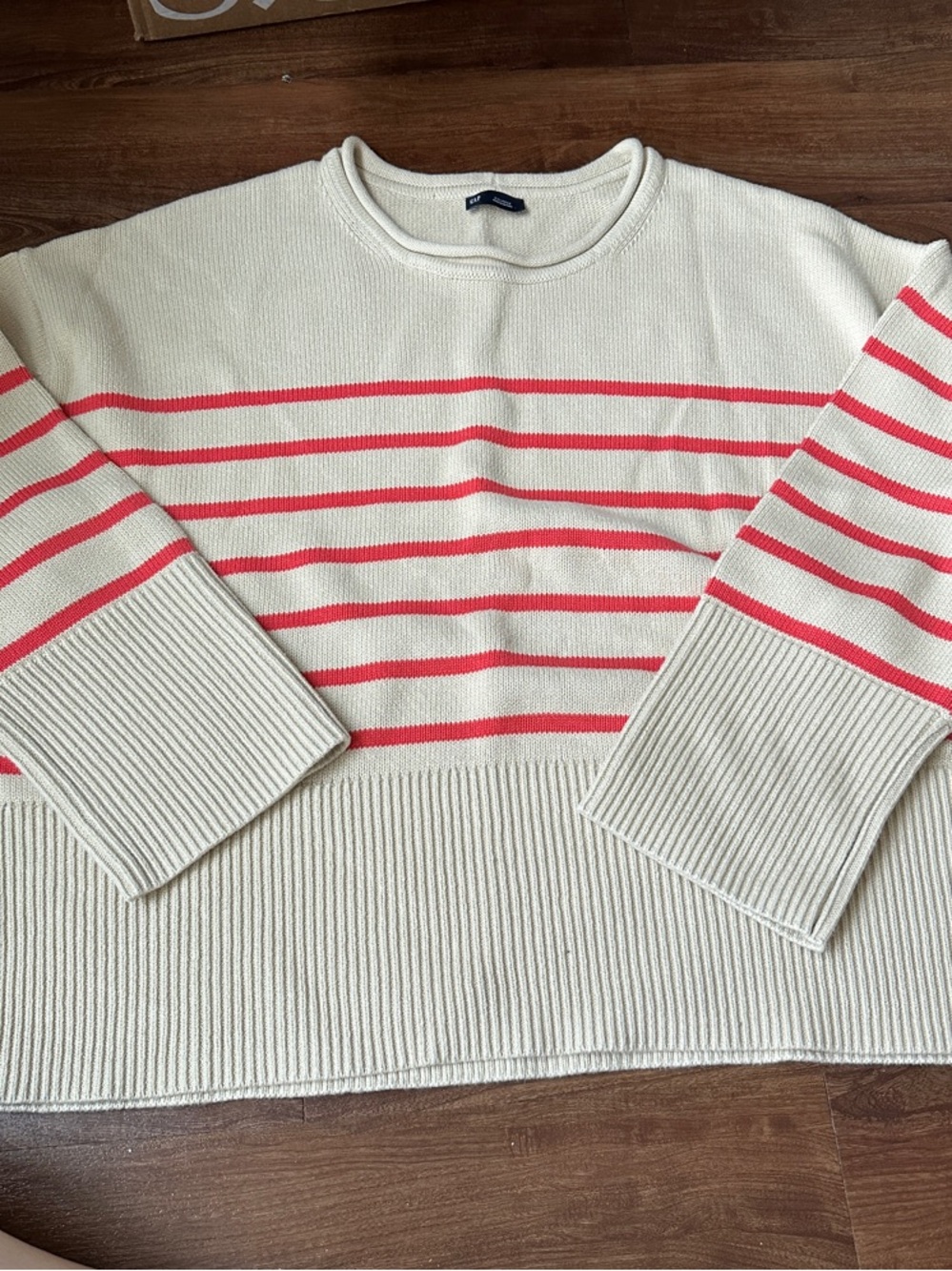 Gap Cream Crewneck Sweater with Coral-Pink Stripes